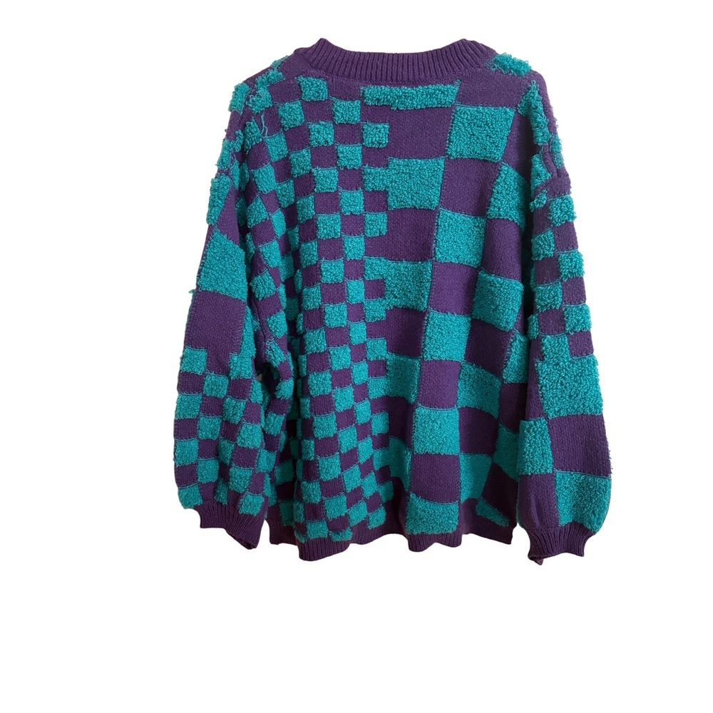 J.NNA Purple Teal Checkerboard V-Neck Oversized Knit Sweater NEW - Picture 3 of 6